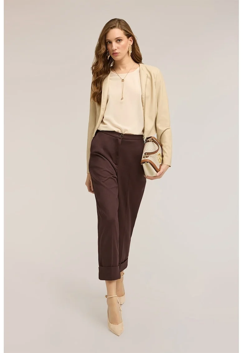 Pantaloni crop cu talie inalta, Maro pamantiu