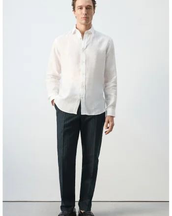 Pantaloni din amestec de in cu dungi discrete, Bleumarin