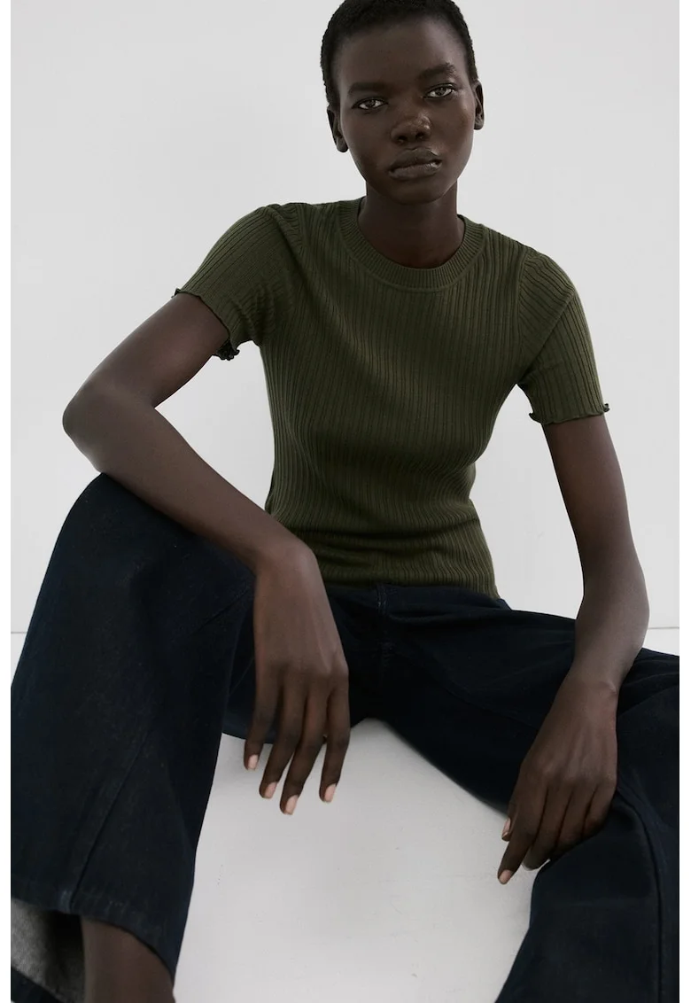 Tricou striat cu maneci scurte, Verde inchis