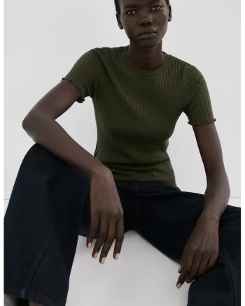 Tricou striat cu maneci scurte, Verde inchis