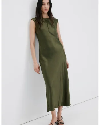 Rochie din satin cu umeri intariti, Verde masliniu