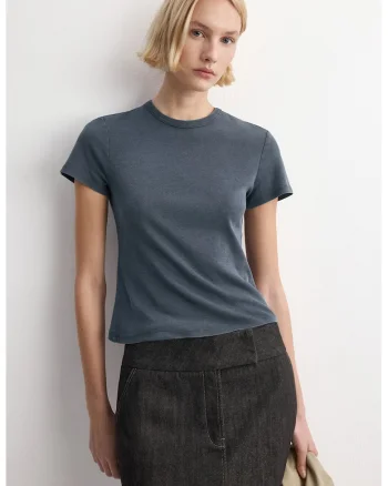 Tricou din bumbac cu decolteu la baza gatului, Gri carbune
