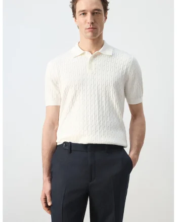 Tricou polo din bumbac cu design torsade, Alb murdar