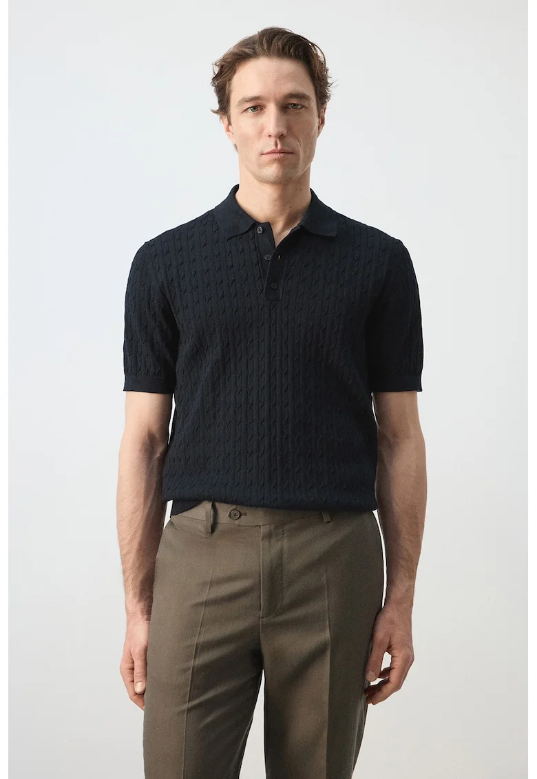 Tricou polo din bumbac cu design torsade, Verde padure