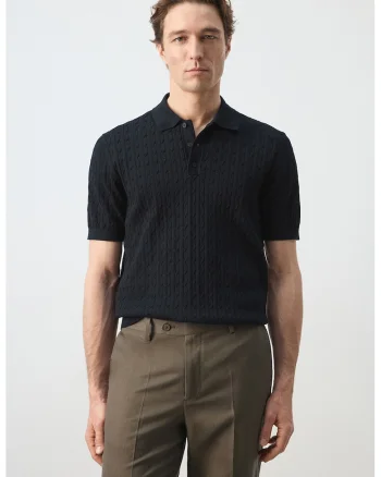 Tricou polo din bumbac cu design torsade, Verde padure