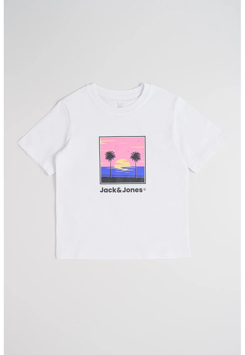 Tricou cu decolteu la baza gatului si logo, Alb/Negru/Roz pastel