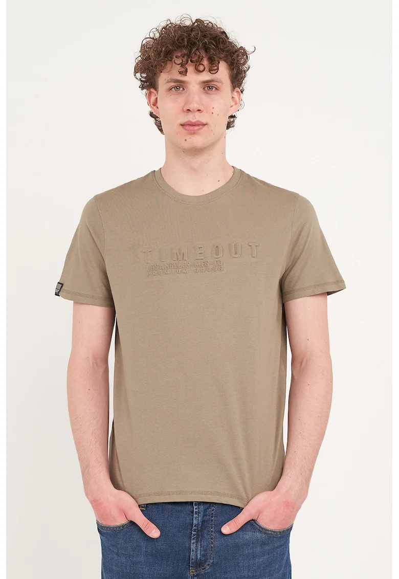 Tricou din bumbac cu decolteu la baza gatului, Kaki