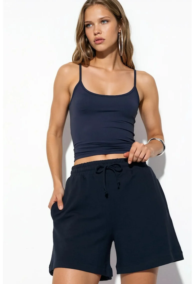 Pantaloni sport dama,  scurti, medie, albastru marin, bumbac/modal/elastan