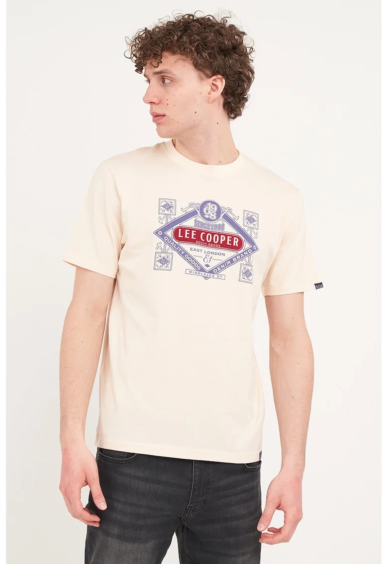 Tricou din bumbac cu imprimeu logo, Albastru inchis/Bej deschis
