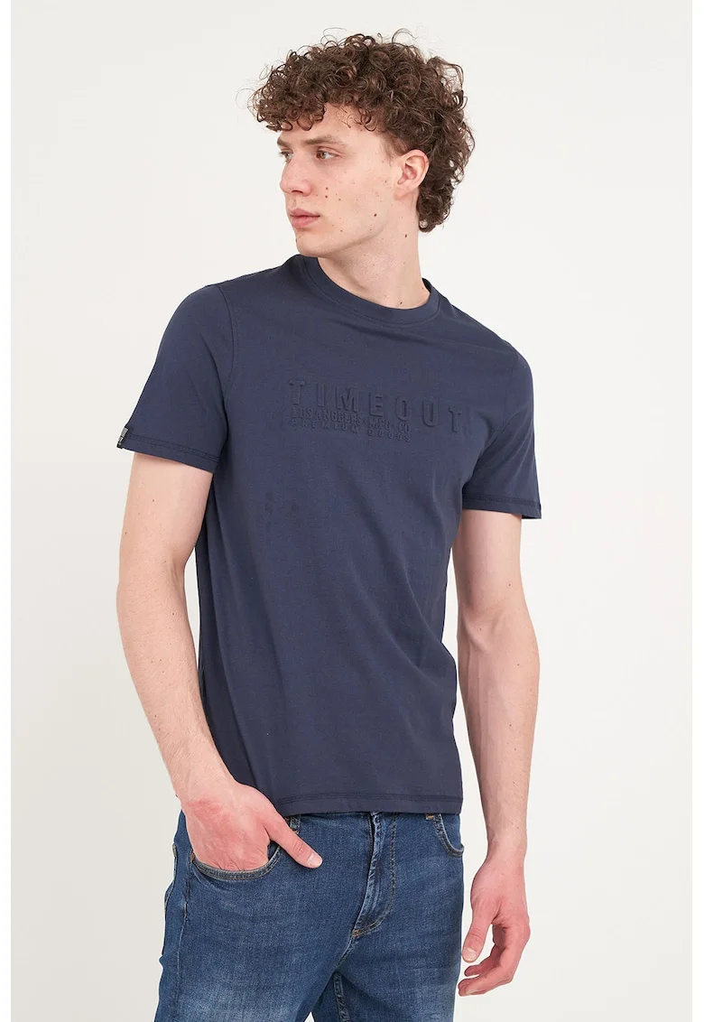 Tricou din bumbac cu decolteu la baza gatului, Bleumarin