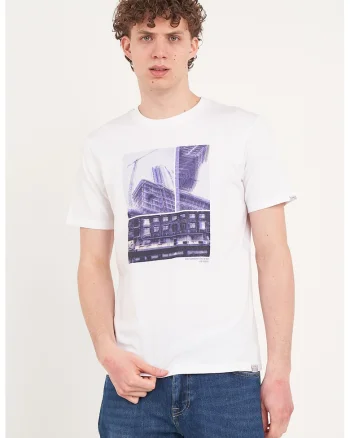 Tricou din bumbac cu decolteu la baza gatului, Alb/Albastru indigo