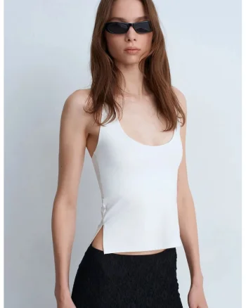 Maiou  Halterneck, Croiala Slim Fit, Alb, 47% modal, 46% bumbac, 7% elastan