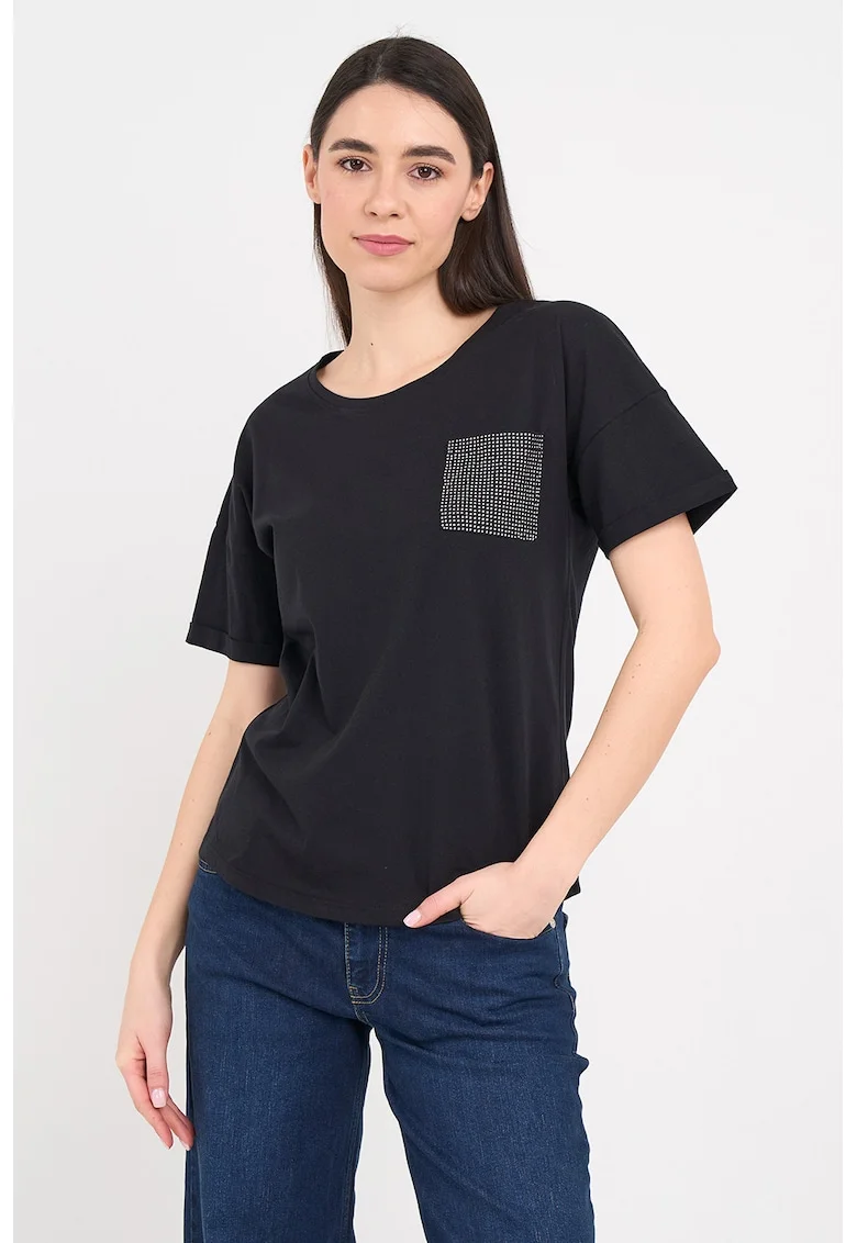 Tricou cu buzunar aplicat decorat cu strasuri, Negru