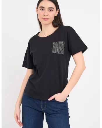 Tricou cu buzunar aplicat decorat cu strasuri, Negru