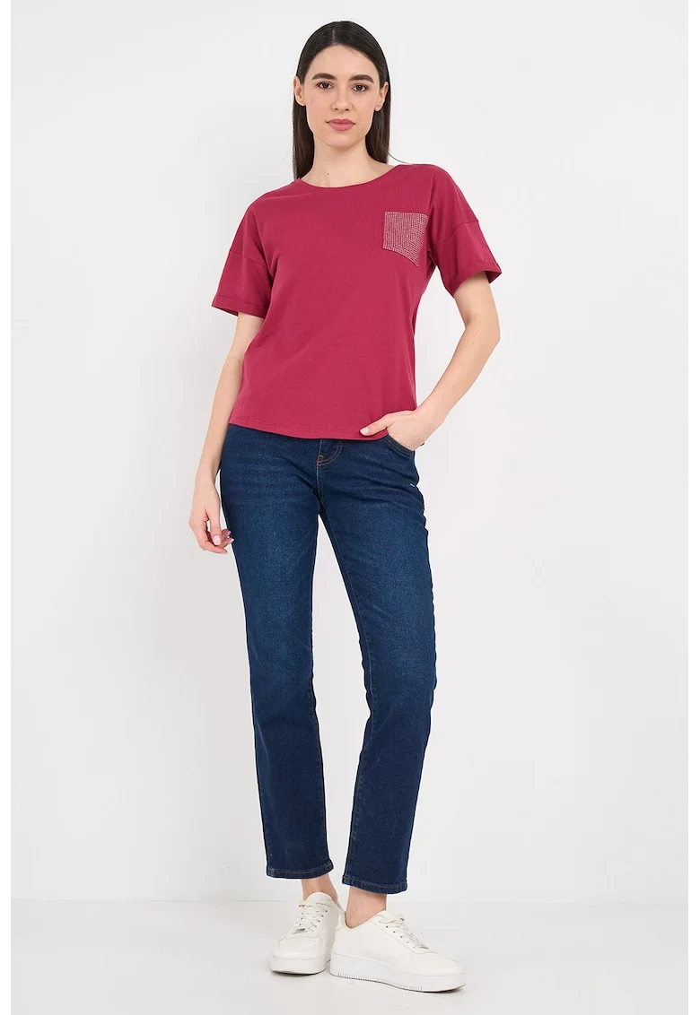 Tricou cu buzunar aplicat decorat cu strasuri, Rosu inchis/Argintiu