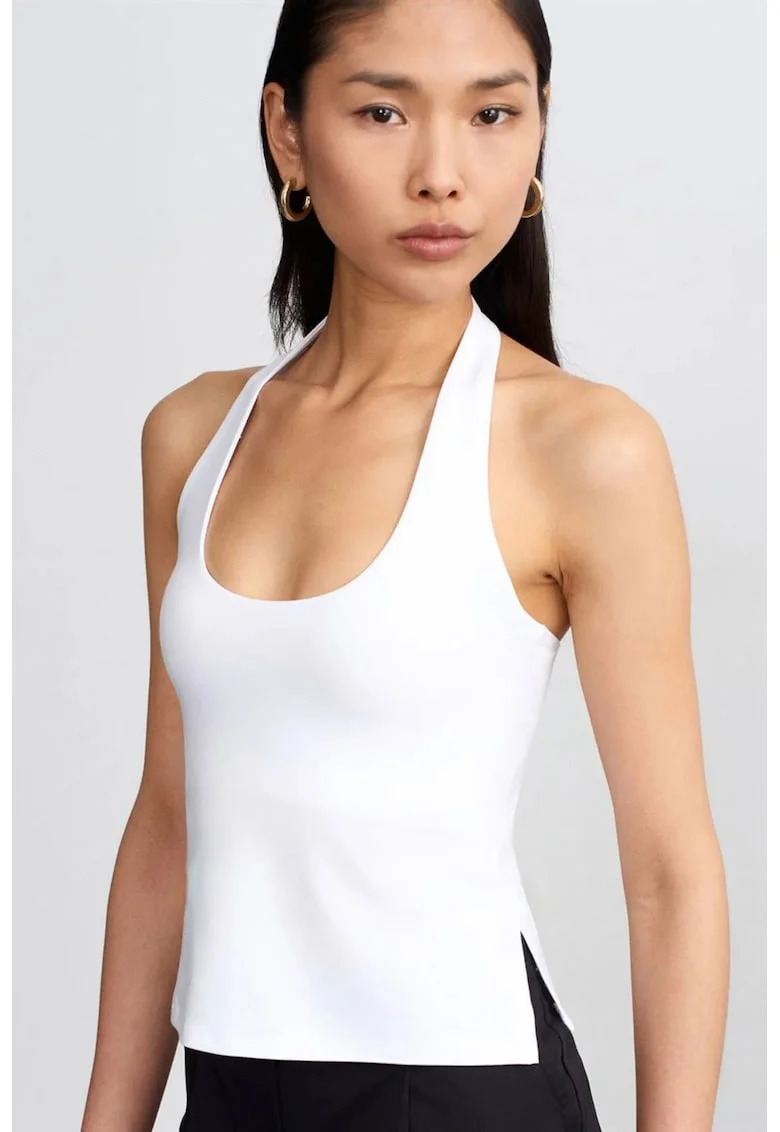 Top Femei,  bluza cu guler halter, decupaje, alb, tricot de jerseu lycra