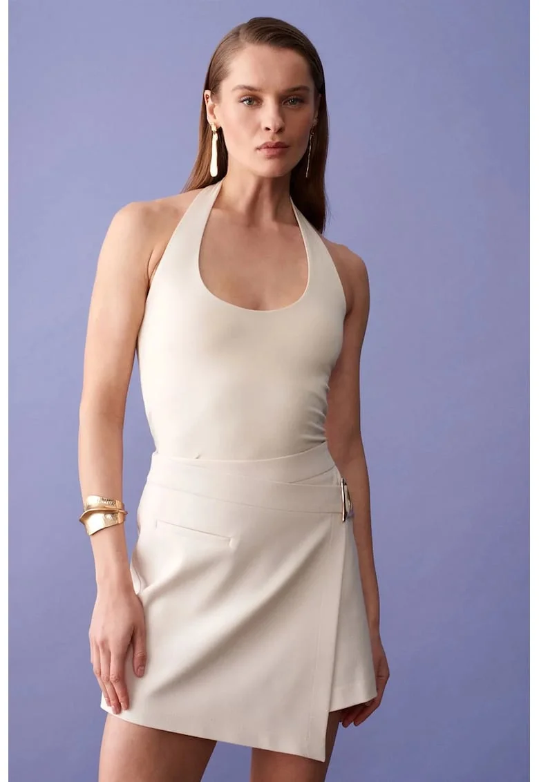 Maiou  guler halter, decupaje, crem, tricot lycra