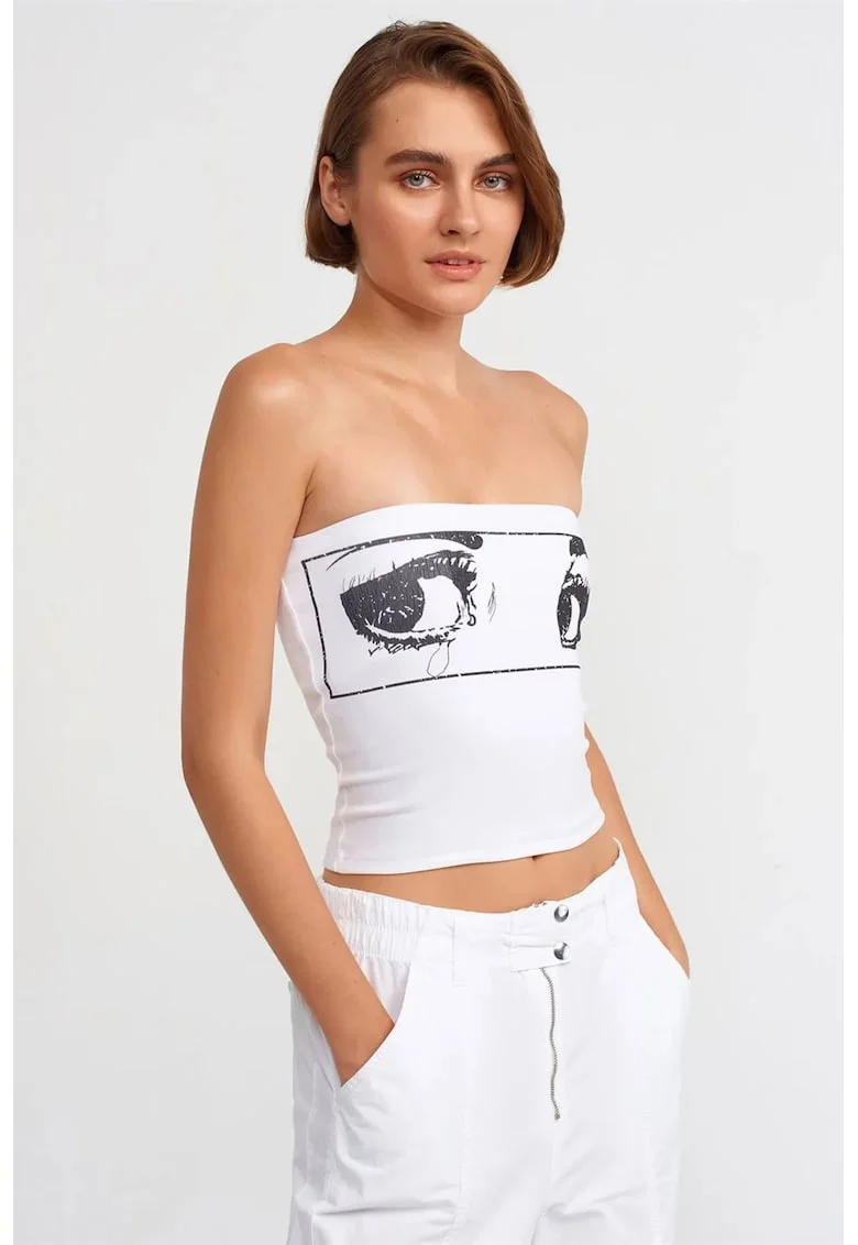Top scurt fara bretele,  imprimat, alb, bumbac