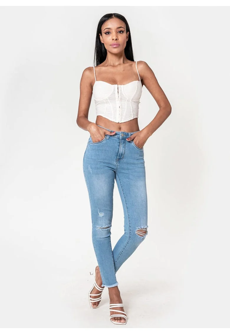 Blugi slim dama cu detalii rupte, Albastru deschis P501-6 M10 19072, Albastru