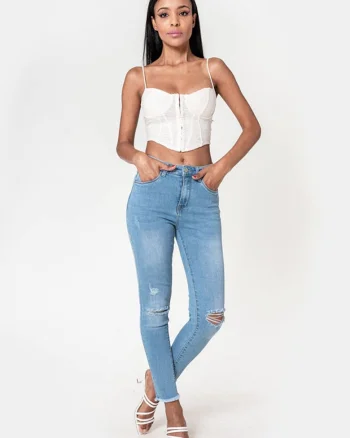 Blugi slim dama cu detalii rupte, Albastru deschis P501-6 M10 19072, Albastru
