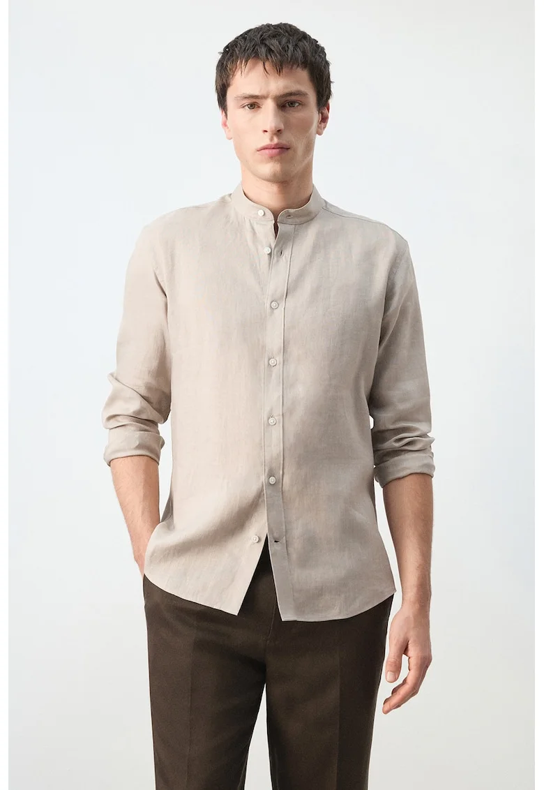 Camasa din in cu guler Mao Essentials, Maro camel