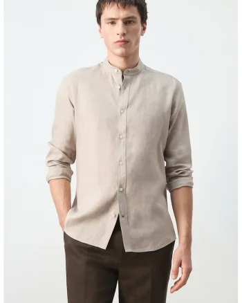 Camasa din in cu guler Mao Essentials, Maro camel