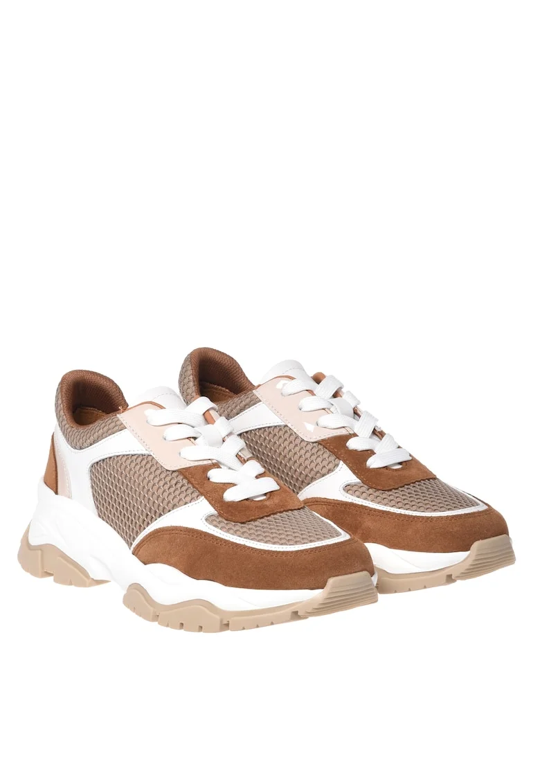 Pantofi sport din piele cu insertii din plasa, Maro