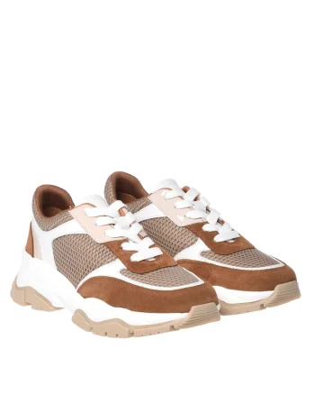 Pantofi sport din piele cu insertii din plasa, Maro