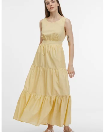 Rochie lunga cu decolteu rotund, Galben pai
