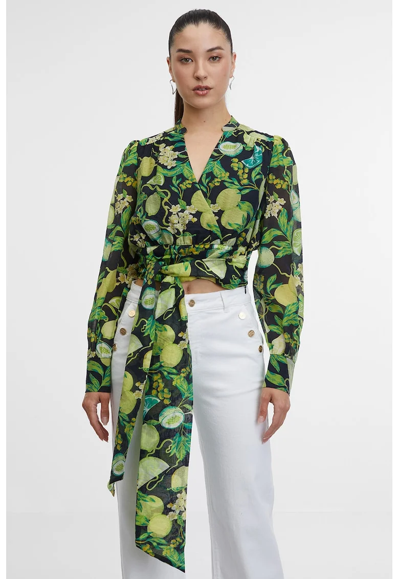 Bluza crop din amestec de lyocell cu decolteu cache-coeur, Verde/Negru