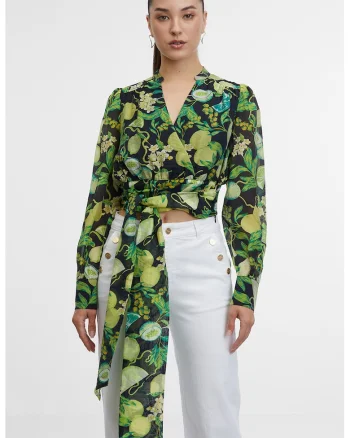 Bluza crop din amestec de lyocell cu decolteu cache-coeur, Verde/Negru