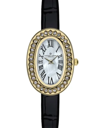 Ceas oval cu cristal si curea de piele, Negru