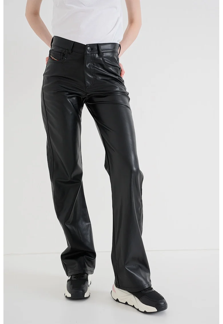 Pantaloni din piele ecologica cu talie inalta si croiala bootcut, Negru