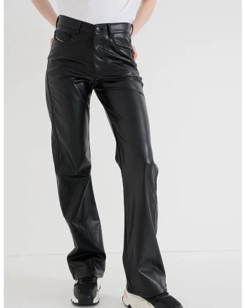 Pantaloni din piele ecologica cu talie inalta si croiala bootcut, Negru