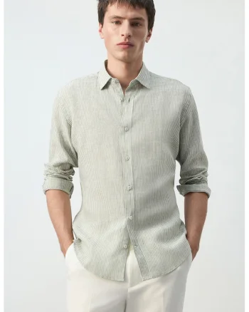 Camasa regular-fit din in cu dungi Essentials, Alb/Verde