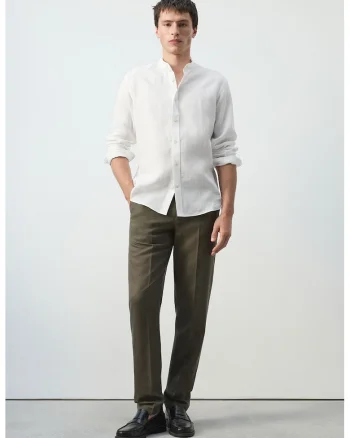 Camasa din in cu guler Mao Essentials, Alb