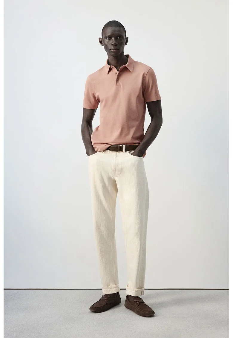 Tricou polo slim fit cu model pique, Portocaliu persan