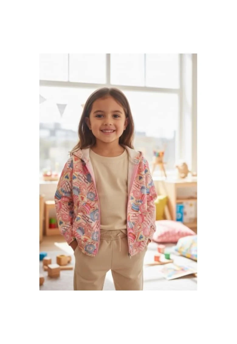 Hanorac fetita  din fleece de iarna cu imprimeu colorat all-over si gluga, Multicolor