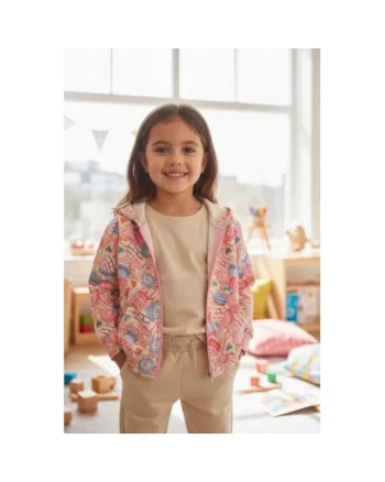 Hanorac fetita  din fleece de iarna cu imprimeu colorat all-over si gluga, Multicolor