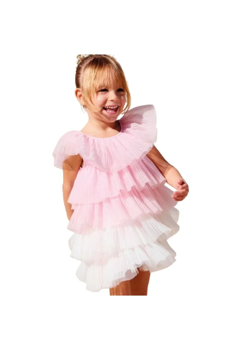 Rochie din tul plisat cu volane pentru fete, Roz