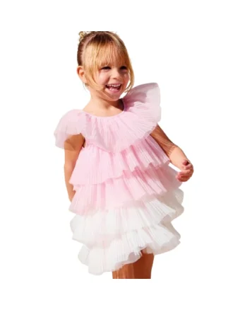 Rochie din tul plisat cu volane pentru fete, Roz