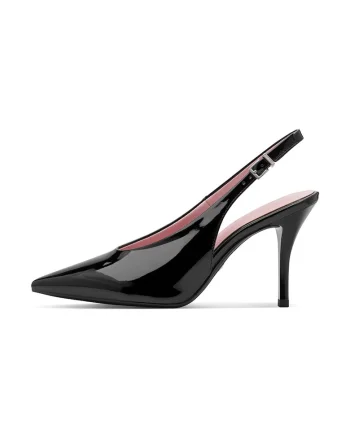 Pantofi slingback de piele ecologica lacuita cu toc inalt, Negru