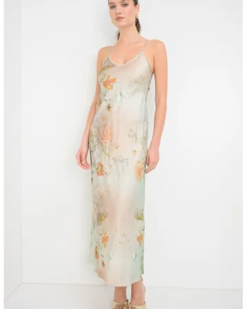 Rochie-furou cu model floral Bryony, Maro camel/Verde pastel