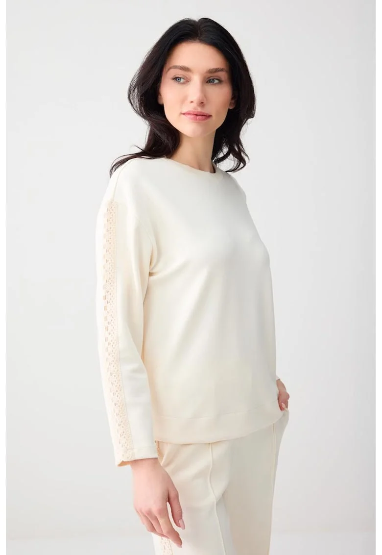Bluza de trening din amestec de modal cu segmente brodate, Alb fildes