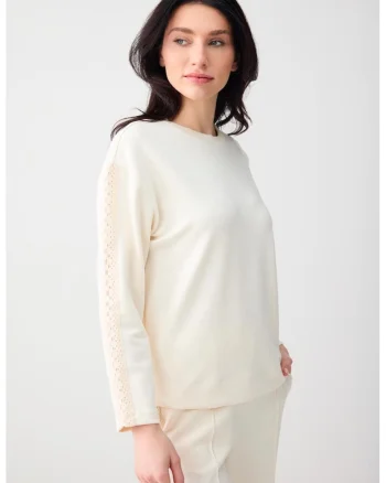 Bluza de trening din amestec de modal cu segmente brodate, Alb fildes