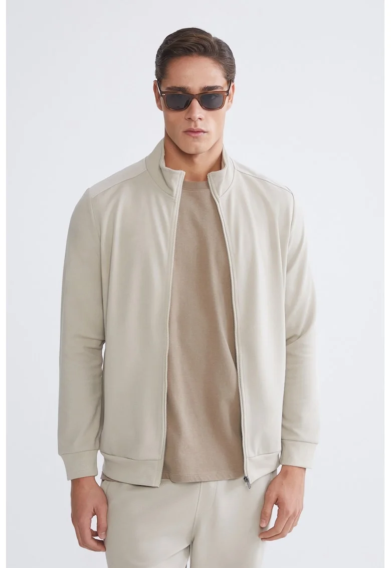 Bluza de trening cu fermoar si buzunare, Bej deschis