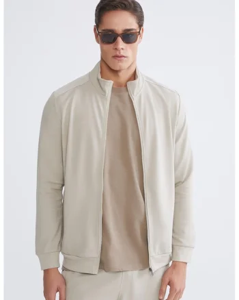 Bluza de trening cu fermoar si buzunare, Bej deschis