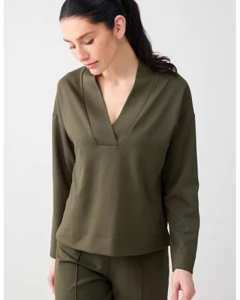 Bluza de trening din amestec de modal cu decolteu in V si maneci cazute, Verde masliniu