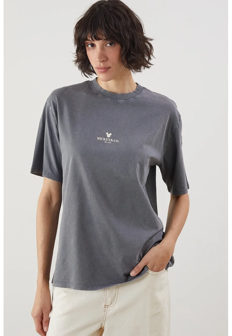 Tricou cu decolteu la baza gatului si imprimeu discret, Gri carbune