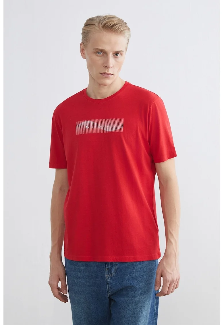 Tricou din bumbac cu decolteu la baza gatului si imprimeu grafic, Rosu vermillion